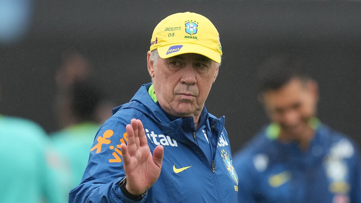 FILE - Brazil's coach Carlo Ancelotti gestures during a training session ahead of a friendly soccer match against South Korea in Goyang, South Korea, Tuesday, Oct. 7, 2025.  - (AP Photo/Lee Jin-man, File)