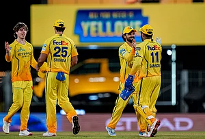 | Photo: PTI/R Senthilkumar : Chennai Super Kings' captain Ruturaj Gaikwad, second right, with teammates celebrates after winning the Indian Premier League (IPL) 2026 T20 cricket match between Chennai Super Kings and Kolkata Knight Riders, at MA Chidambaram Stadium in Chennai, Tamil Nadu.