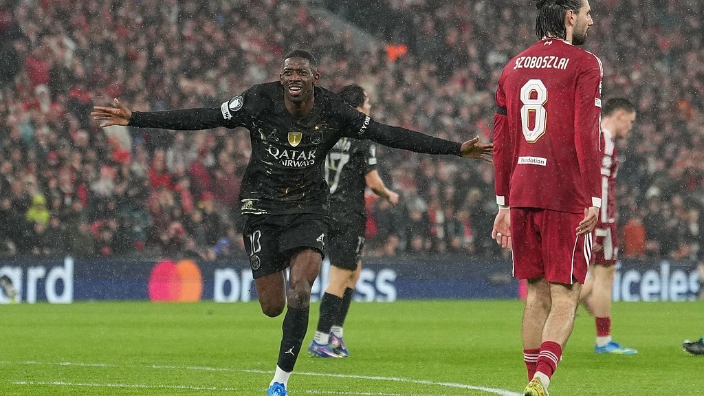 AP Photo/Jon Super : PSG's Ousmane Dembele celebrates after scoring during the Champions League quarterfinal second leg soccer match between Liverpool and Paris Saint-Germain in Liverpool, England, Tuesday, April 14, 2026. 