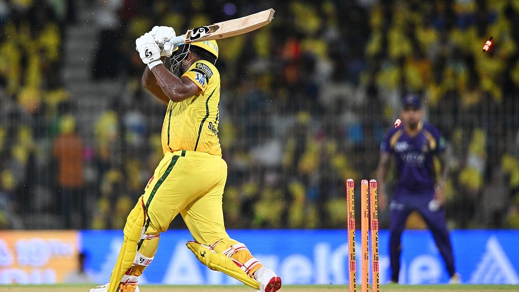 Sanju Samson is bowled out by Kartik Tyagi during the Indian Premier League match between Chennai Super Kings and Kolkata Knight Riders in Chennai. - AP