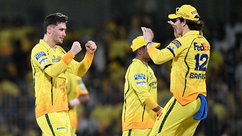 Chennai Super Kings' Noor Ahmed and Dewald Brevis celebrate the wicket of Kolkata Knight Riders' Cameron Green during their Indian Premier League match in Chennai. - Photo: AP