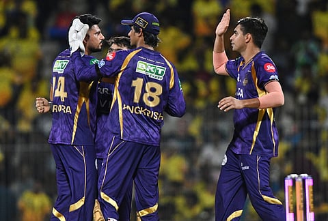 Kolkata Knight Riders' Vaibhav Arora, left, celebrates with teammates the wicket of Chennai Super Kings' Ayush Mhatre during the Indian Premier League cricket match between Chennai Super Kings and Kolkata Knight Riders in Chennai.