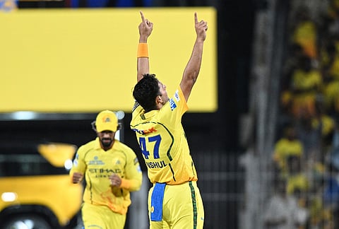 Chennai Super Kings' Anshul Kamboj celebrates the wicket of Kolkata Knight Riders' Finn Allen during the Indian Premier League cricket match between Chennai Super Kings and Kolkata Knight Riders in Chennai.