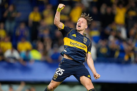 Santiago Ascacibar of Argentina's Boca Juniors celebrates scoring his side's second goal Ecuador's Barcelona during a Copa Libertadores Group D soccer match in Buenos Aires, Argentina.