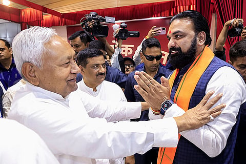 JD(U) chief and outgoing Bihar Chief Minister Nitish Kumar meets the newly-sworn CM Samrat Choudhary during the swearing-in ceremony, at Lok Bhawan, in Patna.
