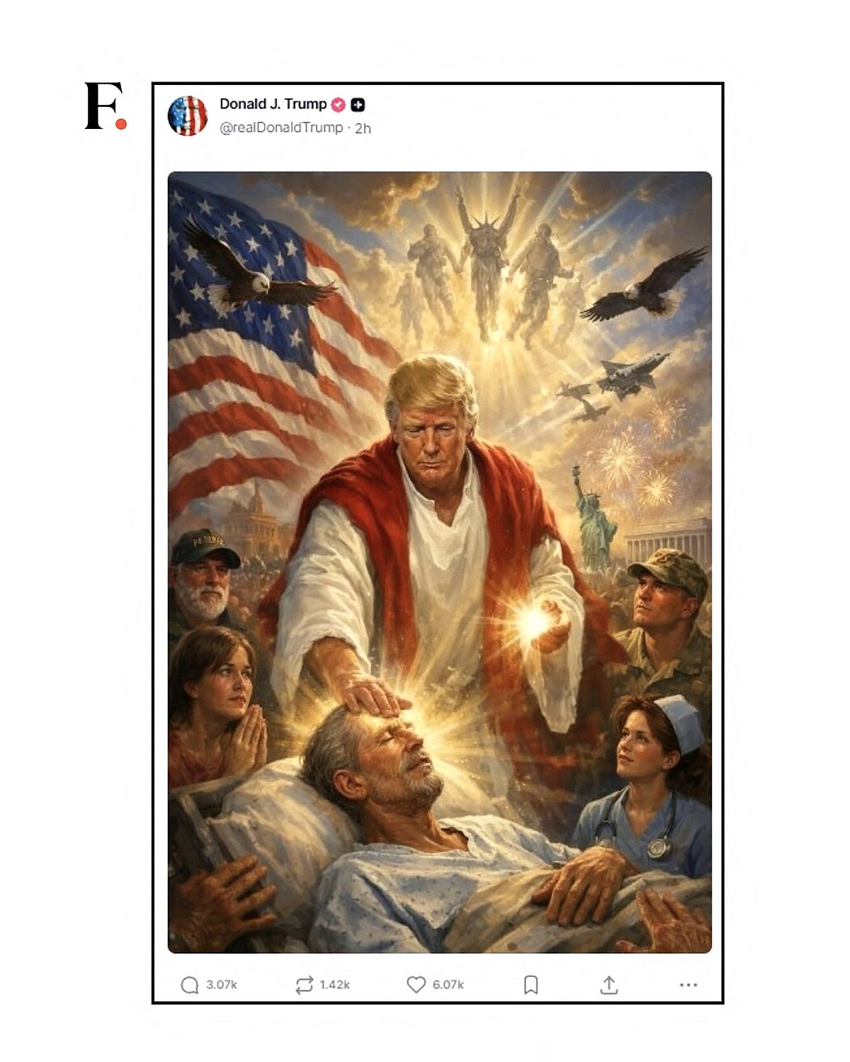 After strongly criticizing the Pope, Donald Trump posted a photo of himself portraying Jesus Christ, before deleting it, on April 13, 2026 Trumps Truth Social platform via Bestimage After strongly criticizing the Pope, Donald Trump posted a photo of himself portraying Jesus Christ, before deleting it - IMAGO / Bestimage