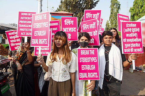 Supporters of the transgender community stage a protest against the Transgender Persons (Protection of Rights) Amendment Act, 2026, in Patna, Bihar.
