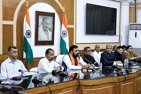 Newly-sworn Bihar Chief Minister Samrat Choudhary holds a meeting with officers after assuming charge of office, at the Old Secretariat, in Patna.