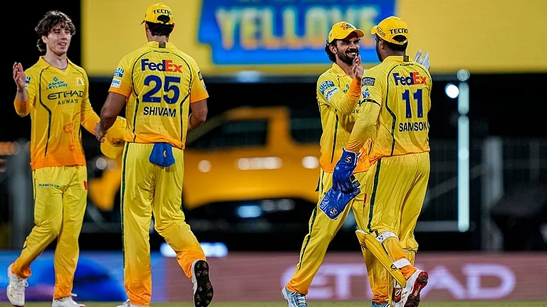 Chennai Super Kings' captain Ruturaj Gaikwad, second right, with teammates celebrates after winning the Indian Premier League (IPL) 2026 T20 cricket match between Chennai Super Kings and Kolkata Knight Riders, at MA Chidambaram Stadium in Chennai, Tamil Nadu. - | Photo: PTI/R Senthilkumar