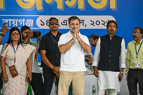 LoP in the Lok Sabha and Congress leader Rahul Gandhi during a public meeting in support of party candidates ahead of the West Bengal Assembly elections, at Raiganj in Uttar Dinajpur district.