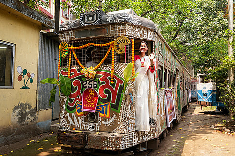 CPI(M) candidate from Ballygunge constituency, Afreen Begum poses at the driver’s cabin of the tram as she participates in the ‘Save Tram’ event on the occasion of ‘Poila Boishakh’ (Bengali New Year) as part of an election campaign ahead of the West Bengal Assembly Election, in Kolkata.
