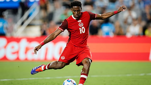Canada forward Jonathan David shoots in a penalty shootout the Copa America third place soccer match against Uruguay in Charlotte, N.C., Saturday, July 13, 2024.