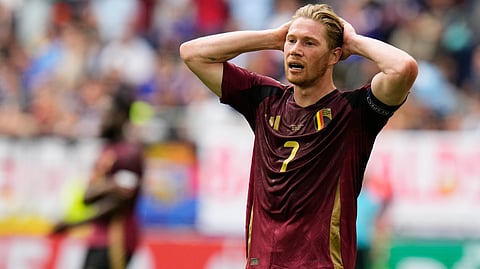 Belgium's Kevin De Bruyne gestures after missing a chance during a round of sixteen match between France and Belgium at the Euro 2024 soccer tournament in Dusseldorf, Germany, Monday, July 1, 2024.