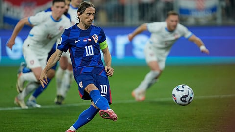 Croatia's Luka Modric scores his side's second goal from a penalty spot during a World Cup 2026 group L qualifying soccer match between Croatia and Czech Republic at the Opus Arena in Osijek, Croatia, Monday, June 9, 2025.