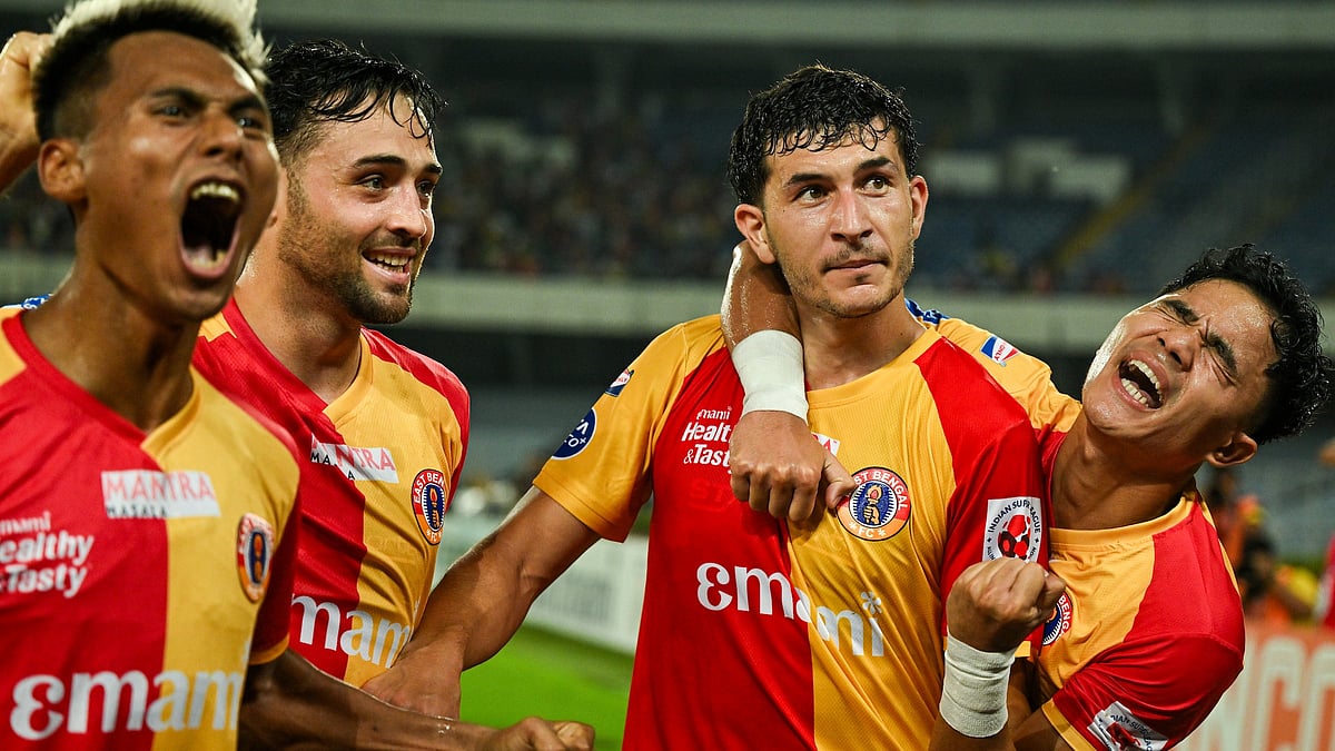 | Photo: AIFF : East Bengal's Saul Crespo celebrates with teammates after scoring in the Indian Super League match against Bengaluru FC on April 16, 2026.