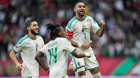Algeria's Riyad Mahrez celebrates after scoring his side's second goal during the Africa Cup of Nations group E soccer match between Algeria and Sudan in Rabat, Morocco, Wednesday, Dec. 24, 2025.