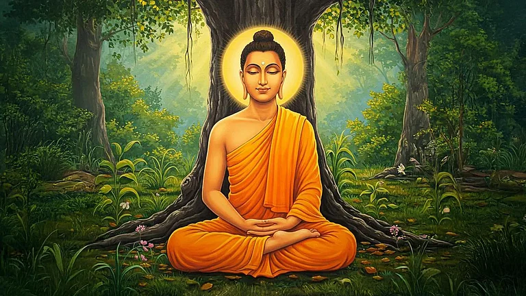 Buddha meditating under a tree in the forest - null