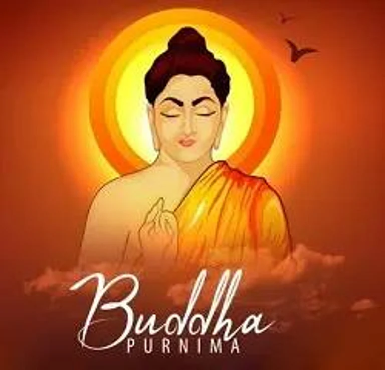 Buddha Purnima greeting with meditating Buddha - null