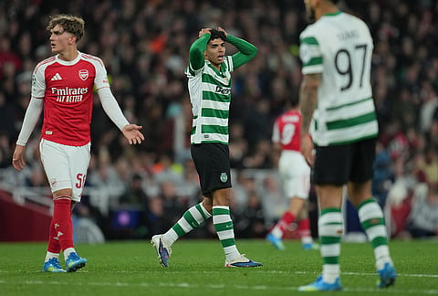 Sporting's Joao Simoes reacts during the UEFA Champions League second leg quarterfinal soccer match between Arsenal and Sporting in London, England.