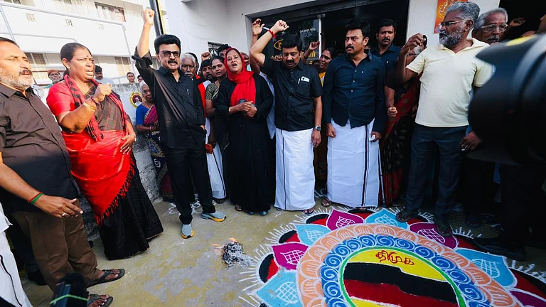 In this image posted on April 16, 2026, Tamil Nadu Chief Minister MK Stalin during a protest against the proposed Delimitation bill, in Namakkal, Tamil Nadu. - Photo: PTI