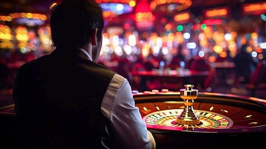 Casino dealer standing at a roulette wheel with blurred lights in the background.