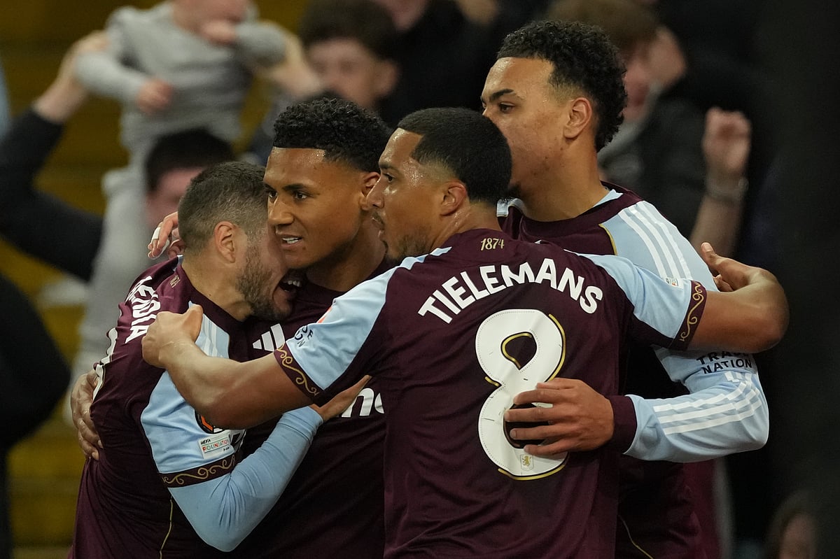 Ollie Watkins celebrates after scores his side's first goal during the Europa League quarterfinal second leg. - AP
