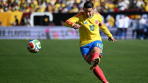 Colombia midfielder James Rodríguez (10) in action during the second half of an international friendly soccer match against France, Sunday, March 29, 2026, in Landover, Md.