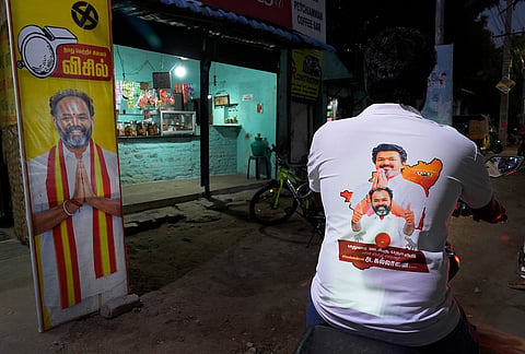 Supporter of the TVK party during Tamil Nadu Assembly Election 2026.