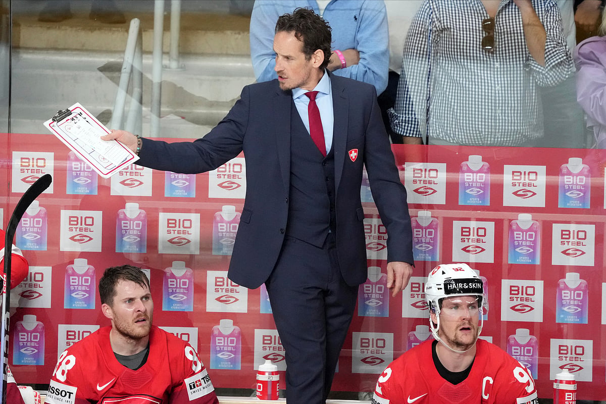 Head coach Patrick Fischer of Switzerland during the group B match between Latvia and Switzerland at the ice hockey world championship 2023 in Riga, Latvia. - AP Photo