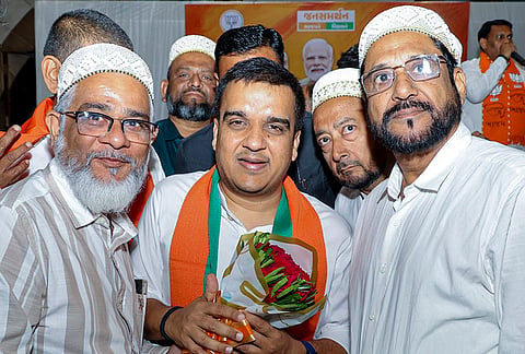 ujarat Deputy Chief Minister Harsh Sanghvi during a meeting for the upcoming local self-government elections, in Jalat. 