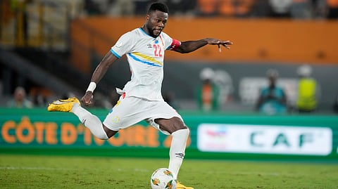 DR Congo's Chancel Mbemba kicks and misses a penalty shootout during the African Cup of Nations third place soccer match between South Africa and DR Congo, at the Felix Houphouet-Boigny in Abidjan, Ivory Coast, Saturday, Feb. 10, 2024.