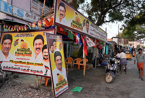 People gather outside the DMK election party office in Madurai during Tamil Nadu Assembly Election 2026 