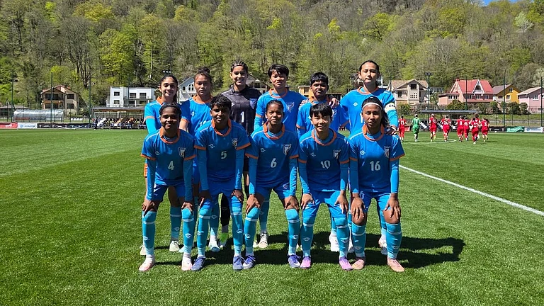 The India U17 women's football team starting the third women's international friendly against Russia on April 17, 2026. - | Photo: AIFF