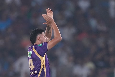 Kolkata Knight Riders' Vaibhav Arora celebrates the wicket of Gujarat Titans' captain Shubman Gill during the Indian Premier League cricket match between Gujarat Titans and Kolkata Knight Riders in Ahmedabad.