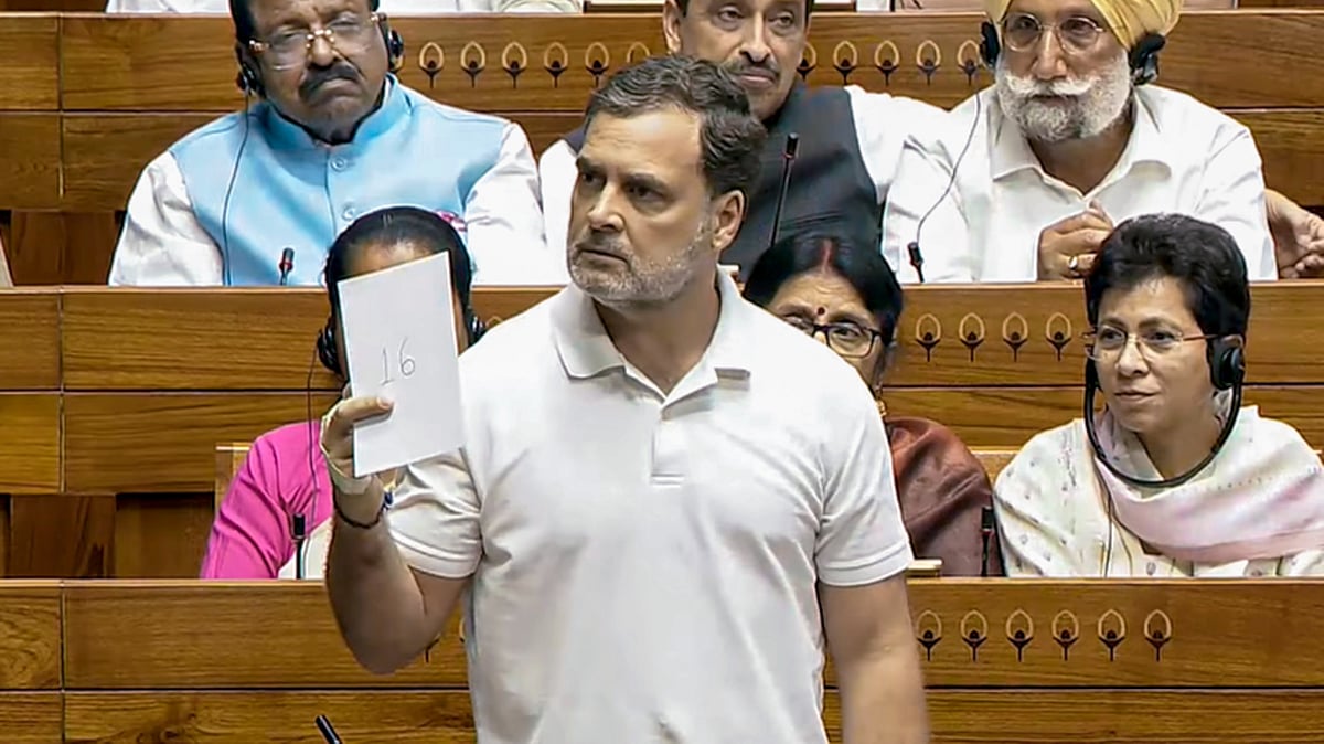 Leader of Opposition in the Lok Sabha Rahul Gandhi speaks in the House during the Special session of Parliament, in New Delhi, Friday, April 17, 2026. - Photo: PTI
