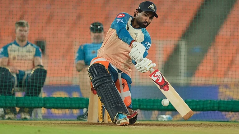 Gujarat Titans’ Rahul Tewatia in action during a training session, ahead of their match against Kolkata Knight Riders, in Ahmedabad today, April 16, 2026 - AP