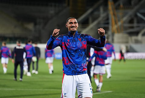 Crystal Palace's Maxence Lacroix celebrates after the Conference League quarterfinal second leg soccer match between Fiorentina and Crystal Palace in Florence, Italy.