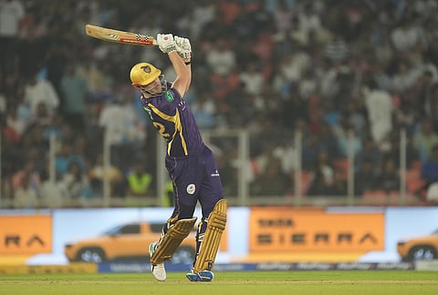 Kolkata Knight Riders' Cameron Green plays a shot during the Indian Premier League cricket match between Gujarat Titans and Kolkata Knight Riders in Ahmedabad.