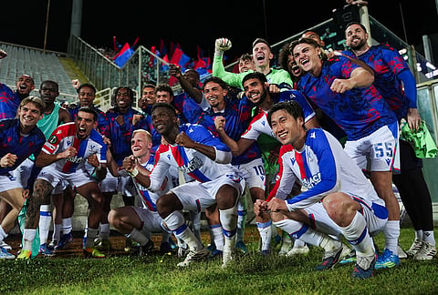 Crystal Palace players celebrate after the Conference League quarterfinal second leg soccer match between Fiorentina and Crystal Palace in Florence, Italy.