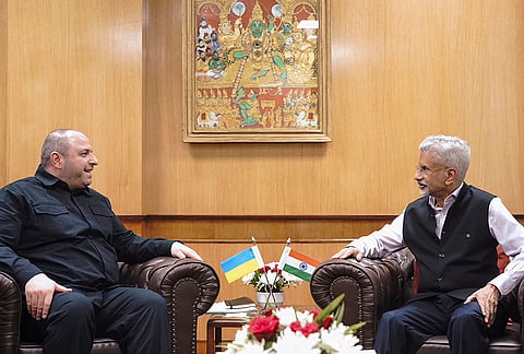External Affairs Minister S Jaishankar during a meeting with Secretary of the National Security and Defence Council of Ukraine Rustem Umerov, in New Delhi. 