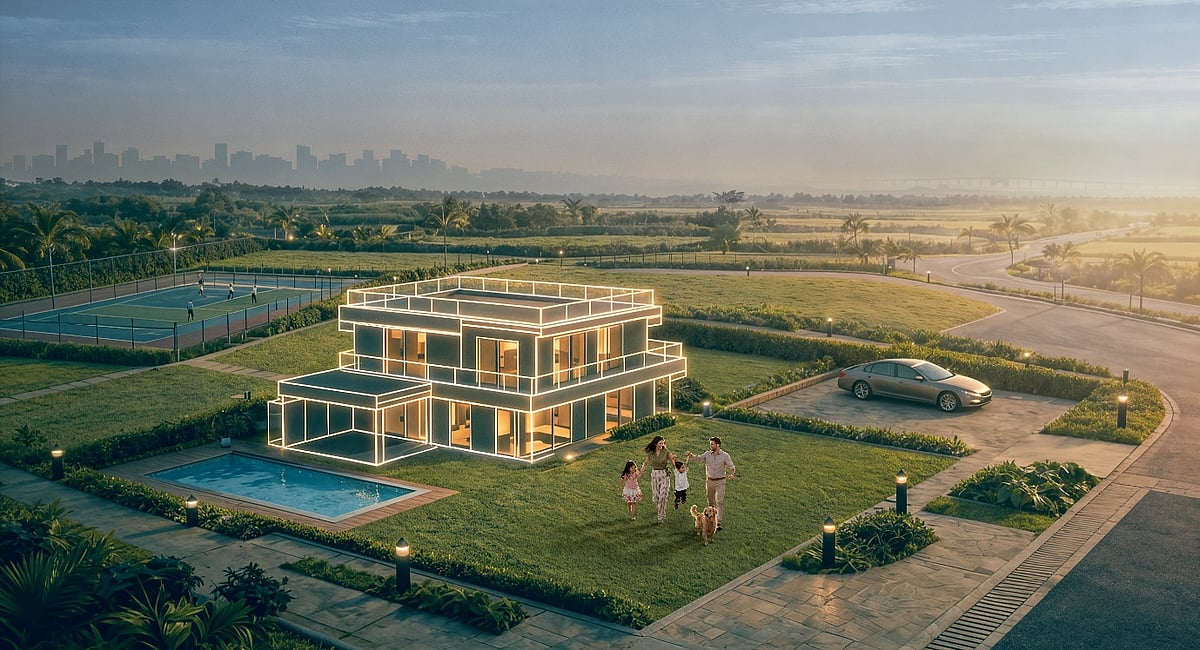 Digital rendering of a modern glowing house with a family on a lawn at dusk.