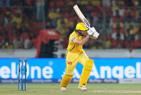 Chennai Super Kings' Matthew Short plays a shot during the Indian Premier League cricket match between Sunrisers Hyderabad and Chennai Super Kings in Hyderabad.
