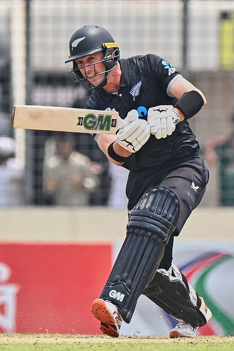 New Zealand's Will Young plays a shot during the first one day international cricket match between Bangladesh and New Zealand in Mirpur, Bangladesh.