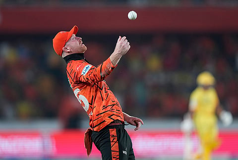 Sunrisers Hyderabad's Heinrich Klaasen celebrates after taking the catch to dismiss Chennai Super Kings' Ayush Mhatre during the Indian Premier League cricket match between Sunrisers Hyderabad and Chennai Super Kings in Hyderabad.