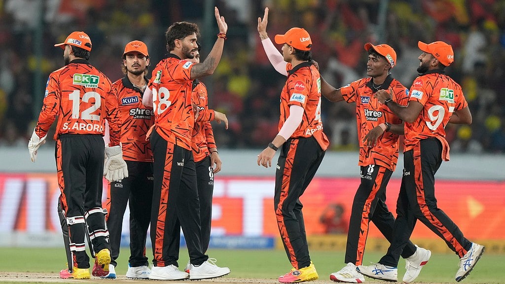 Sunrisers Hyderabad's Nitish Kumar Reddy, third left, celebrate with teammates the wicket of Chennai Super Kings' Sanju Samson during their Indian Premier League match. - Photo: AP/Mahesh Kumar A.