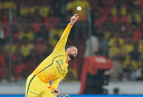 Chennai Super Kings' Matthew Short bowls a delivery during the Indian Premier League cricket match between Sunrisers Hyderabad and Chennai Super Kings in Hyderabad.