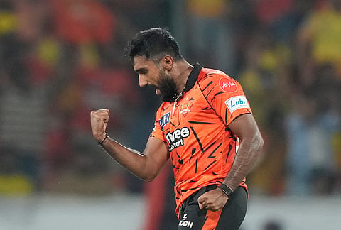 Sunrisers Hyderabad's Eshan Malinga celebrates the wicket of Chennai Super Kings' Sarfaraz Khan during the Indian Premier League cricket match between Sunrisers Hyderabad and Chennai Super Kings in Hyderabad.