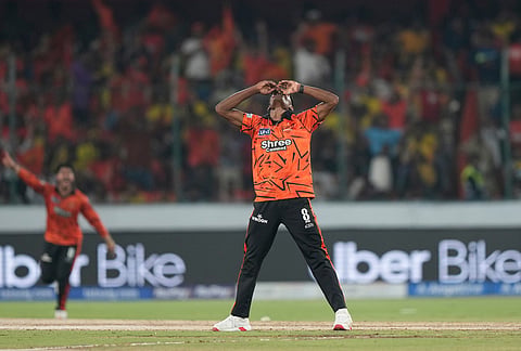 Sunrisers Hyderabad's Sakib Hussain celebrates the wicket of Chennai Super Kings' Shivam Dube during the Indian Premier League cricket match between Sunrisers Hyderabad and Chennai Super Kings in Hyderabad.