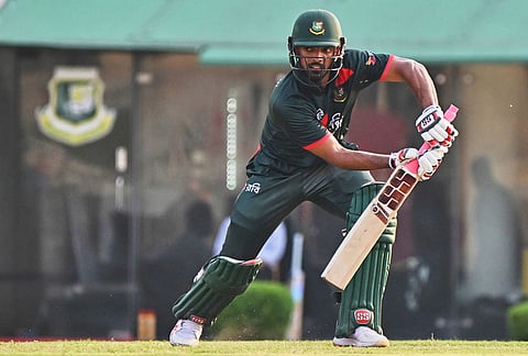 Bangladesh's Saif Hassan plays a shot during the first one day international cricket match between Bangladesh and New Zealand in Mirpur, Bangladesh.
