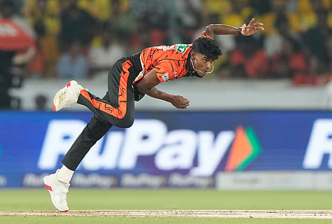 Sunrisers Hyderabad's Sakib Hussain bowls a delivery during the Indian Premier League cricket match between Sunrisers Hyderabad and Chennai Super Kings in Hyderabad.